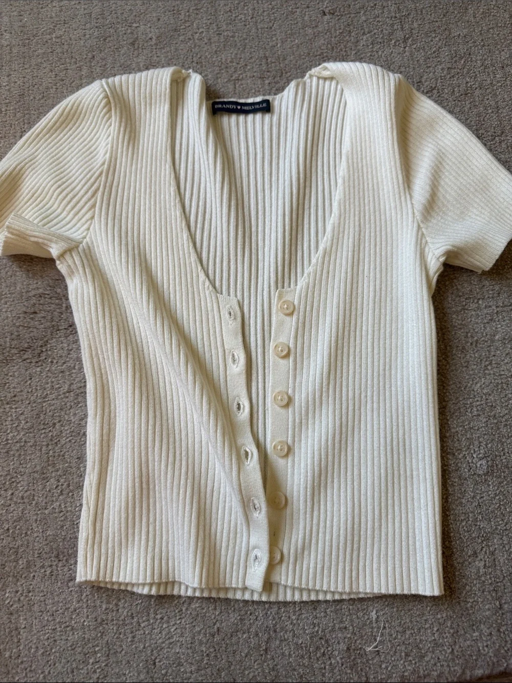 Brandy Melville Ivory Ribbed Button-Up Short Sleeve Top